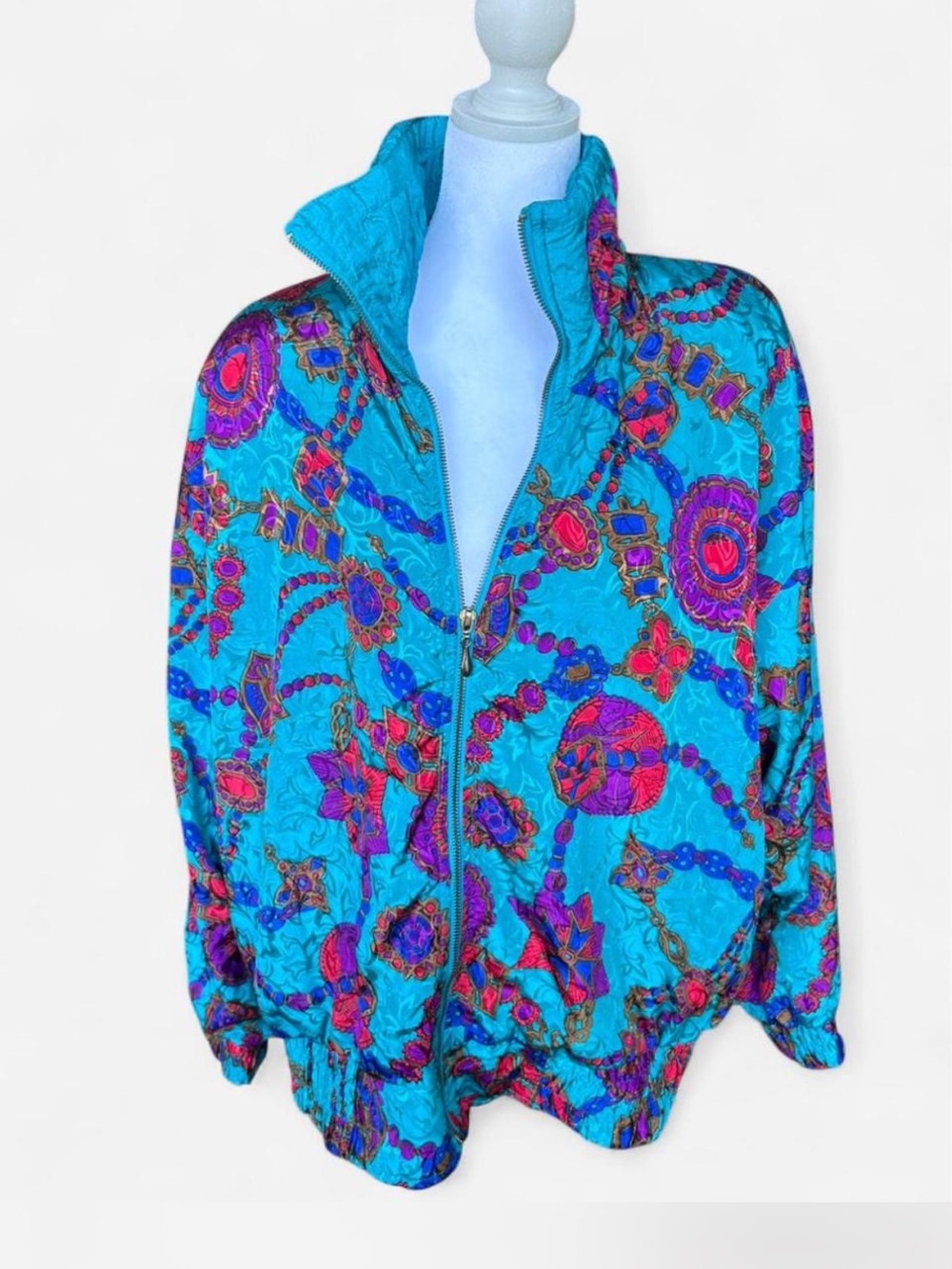 Vintage Maximalist Turquoise Pattern Zip-Front Women’s Jacket 90s retro Lavon L